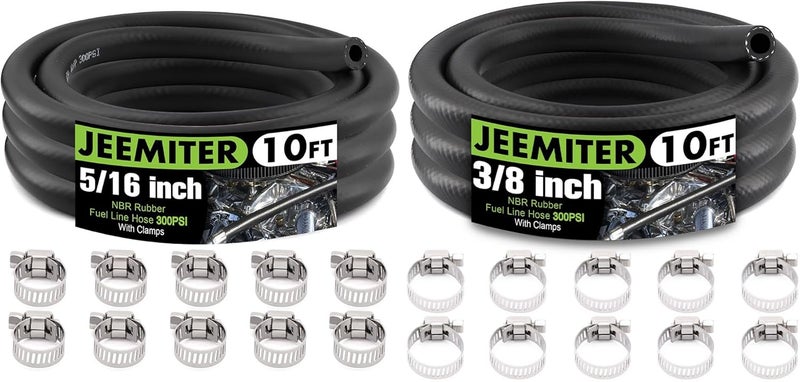 Jeemiter 5/16" 3/8" ID Fuel Hose Combo - 10FT of Each Size with 20 Clamps SAE 30R7 - for Gas, Oil Lines in Automotive, Marine, Small Engine Applications - Image 1